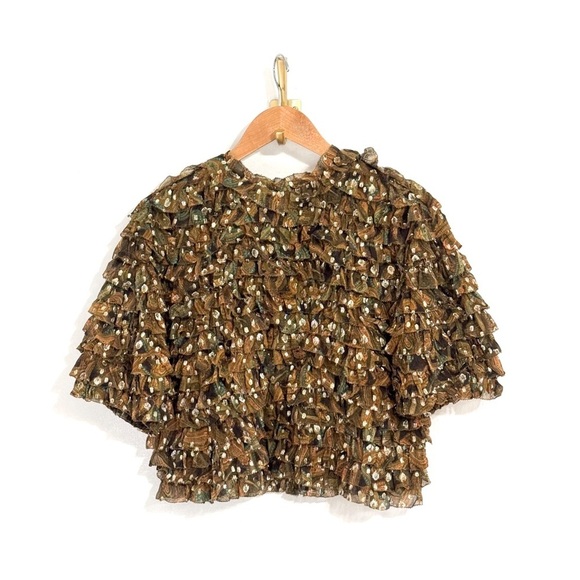 Ulla Johnson Silk-Blend Metallic Short-Sleeve Ruffle Carmella Blouse - Picture 2 of 6